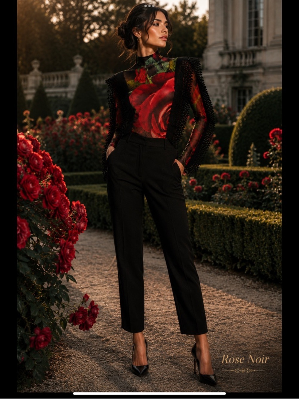 Wearable Art Romantic Goth Rose Print Mesh Bodysuit Avant Garde Statement Top - Picture 10 of 16